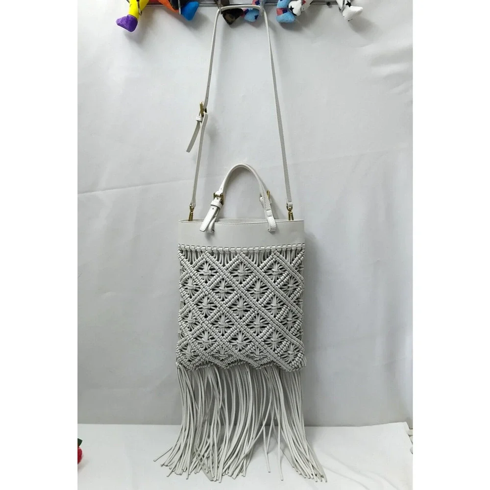 Tory Burch White Leather Woven Braided Macramé Fringe Limited Ed Crossbody Bag